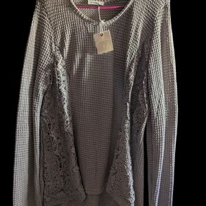 Gray Waffle Knit Sweater with Lace Detail